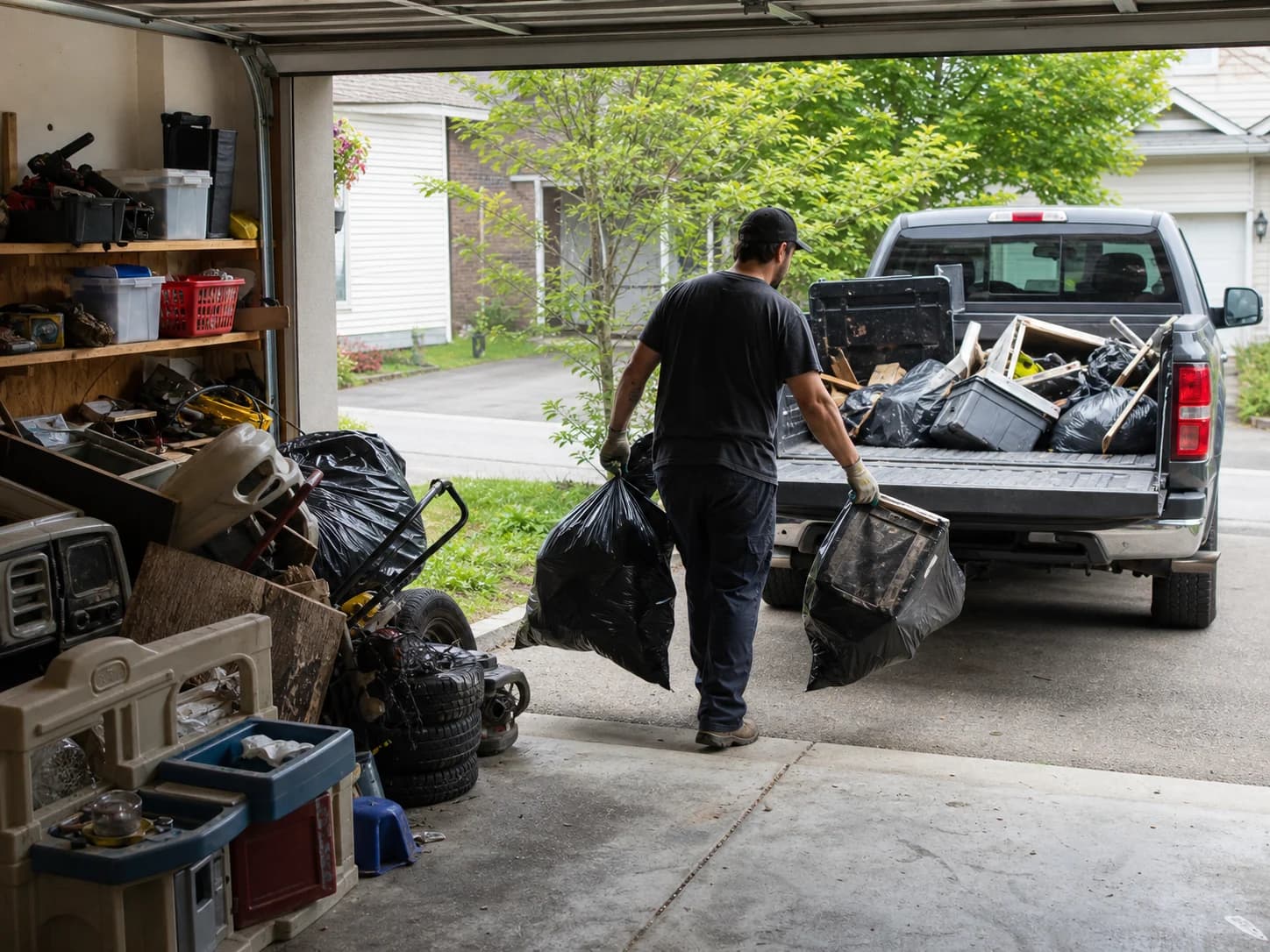 Core Junk Removal carrying garbage bags from a cluttered garage to a pickup truck