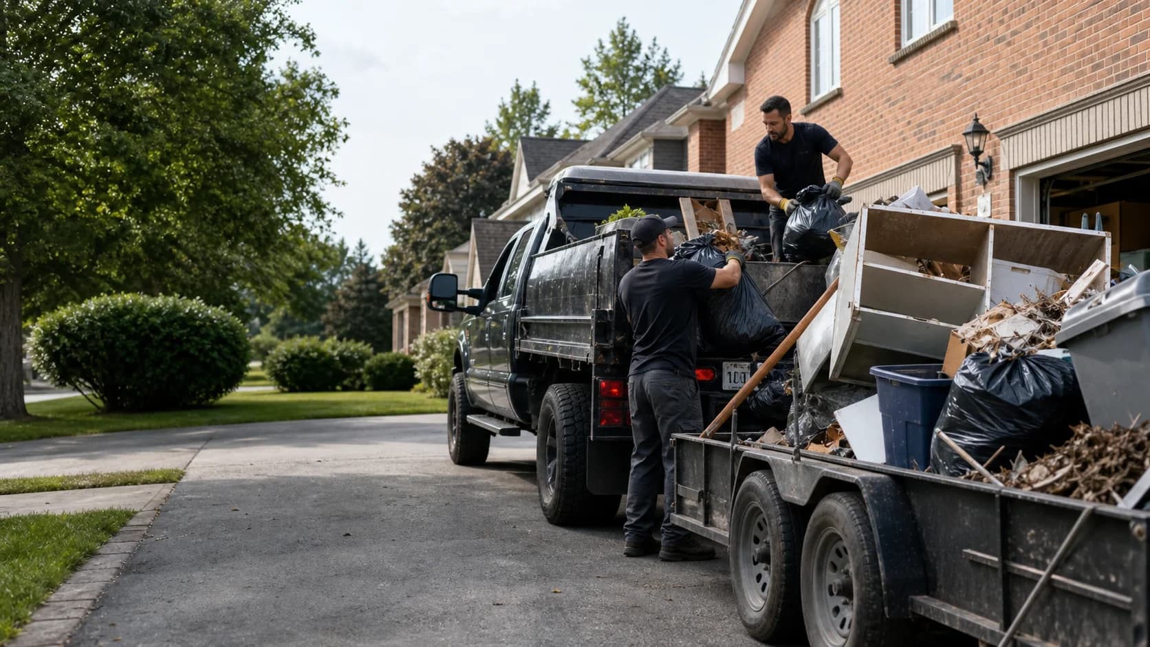 Core Junk Removal loading black garbage bags and household junk into a pickup truck and trailer outside a suburban Mississauga home