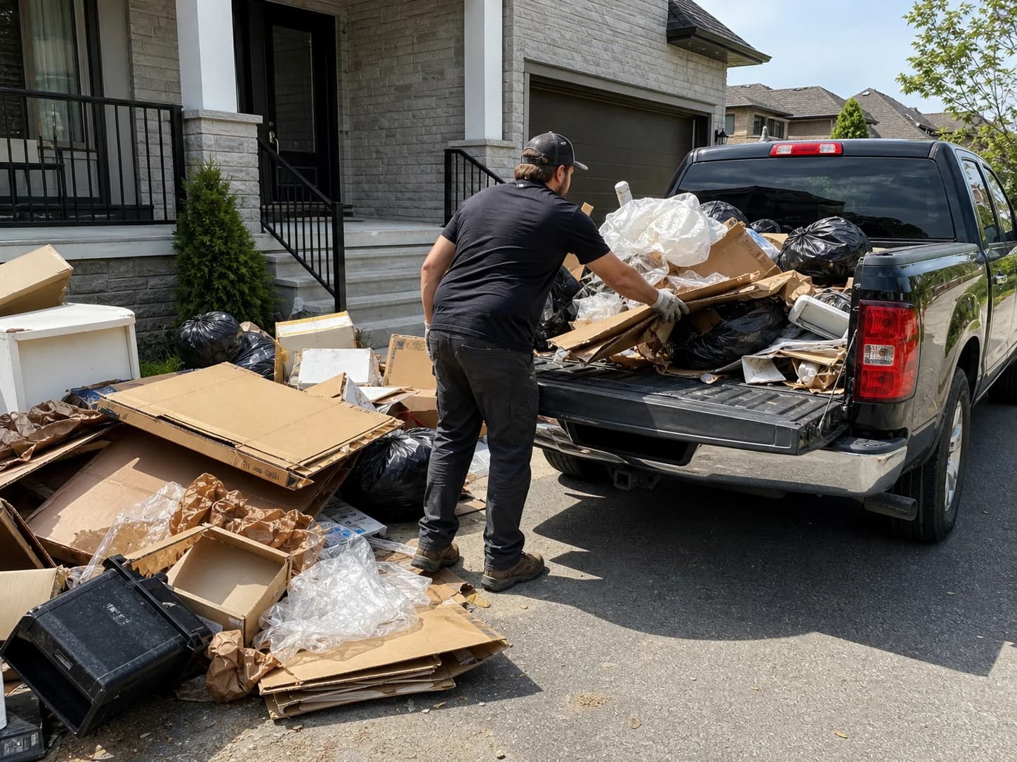 Core Junk Removal picking up flattened cardboard, packing waste, and post-move junk from a driveway