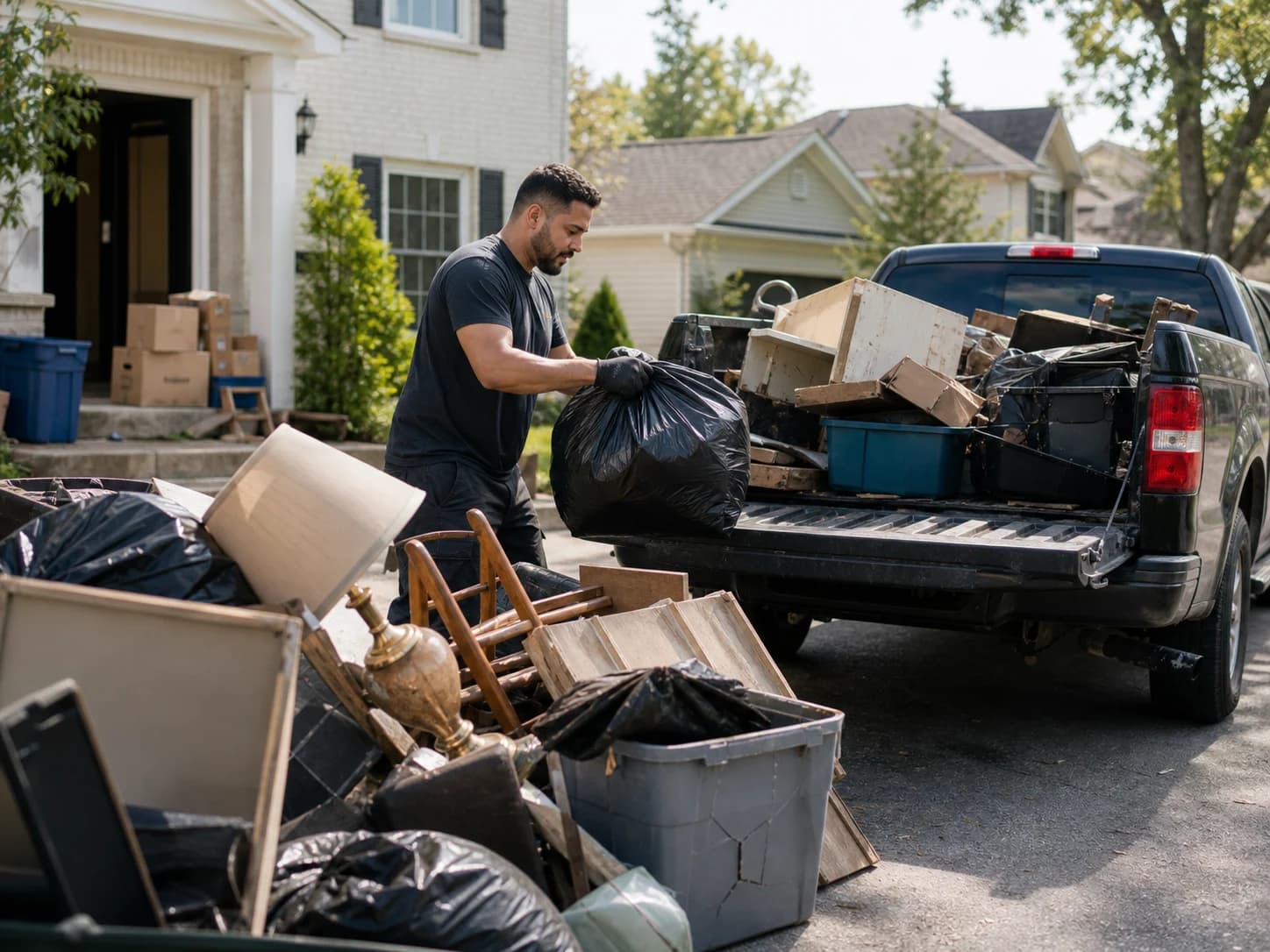 Core Junk Removal loading unwanted pre-move clutter and garbage bags into a pickup truck