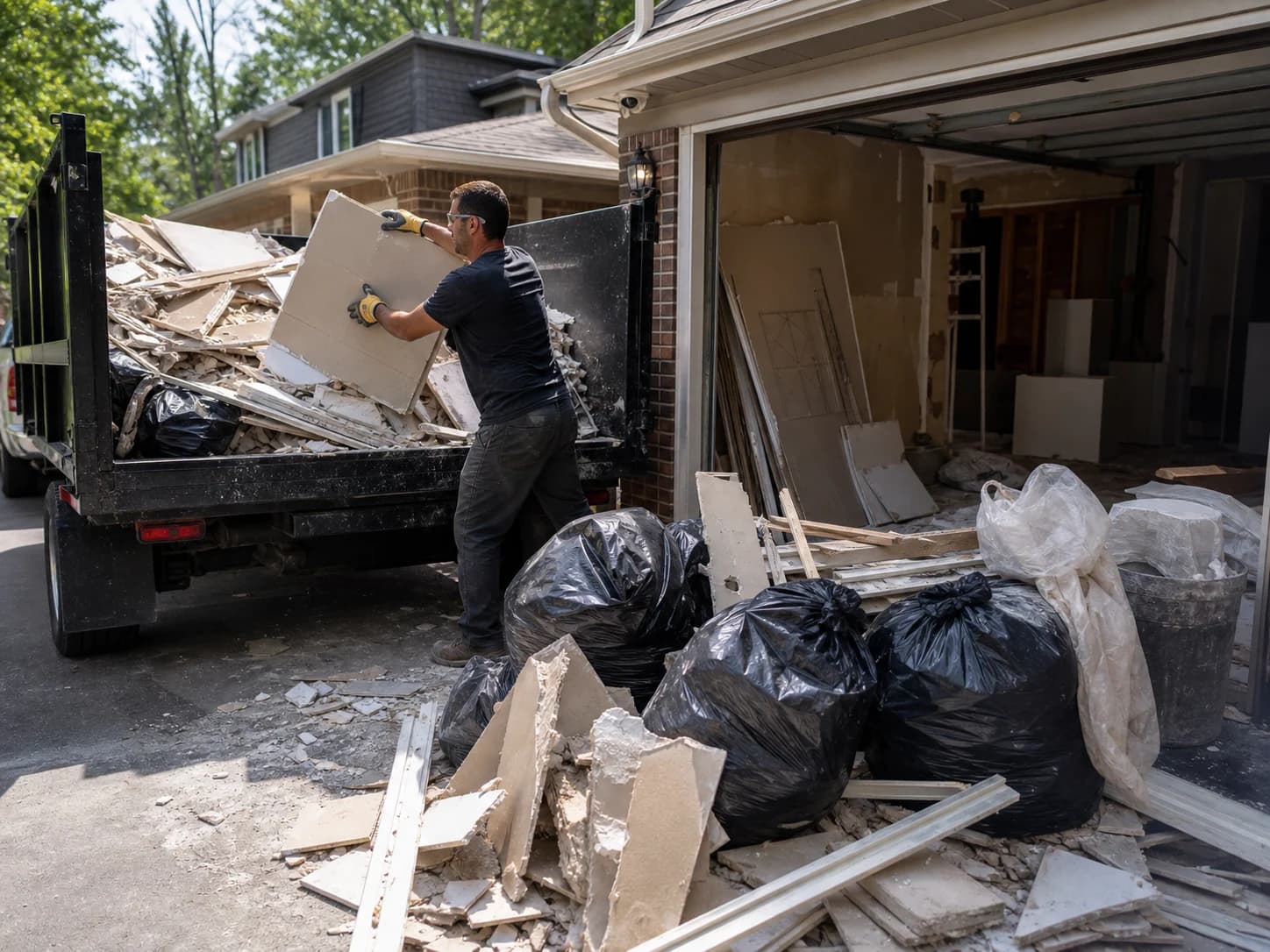 Core Junk Removal loading drywall, contractor bags, and renovation debris into a pickup truck
