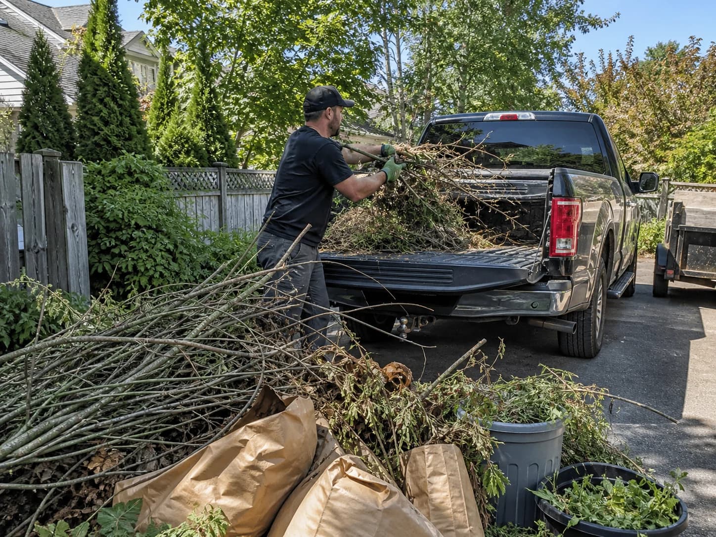 Core Junk Removal loading branches, leaf bags, and yard waste into a pickup truck